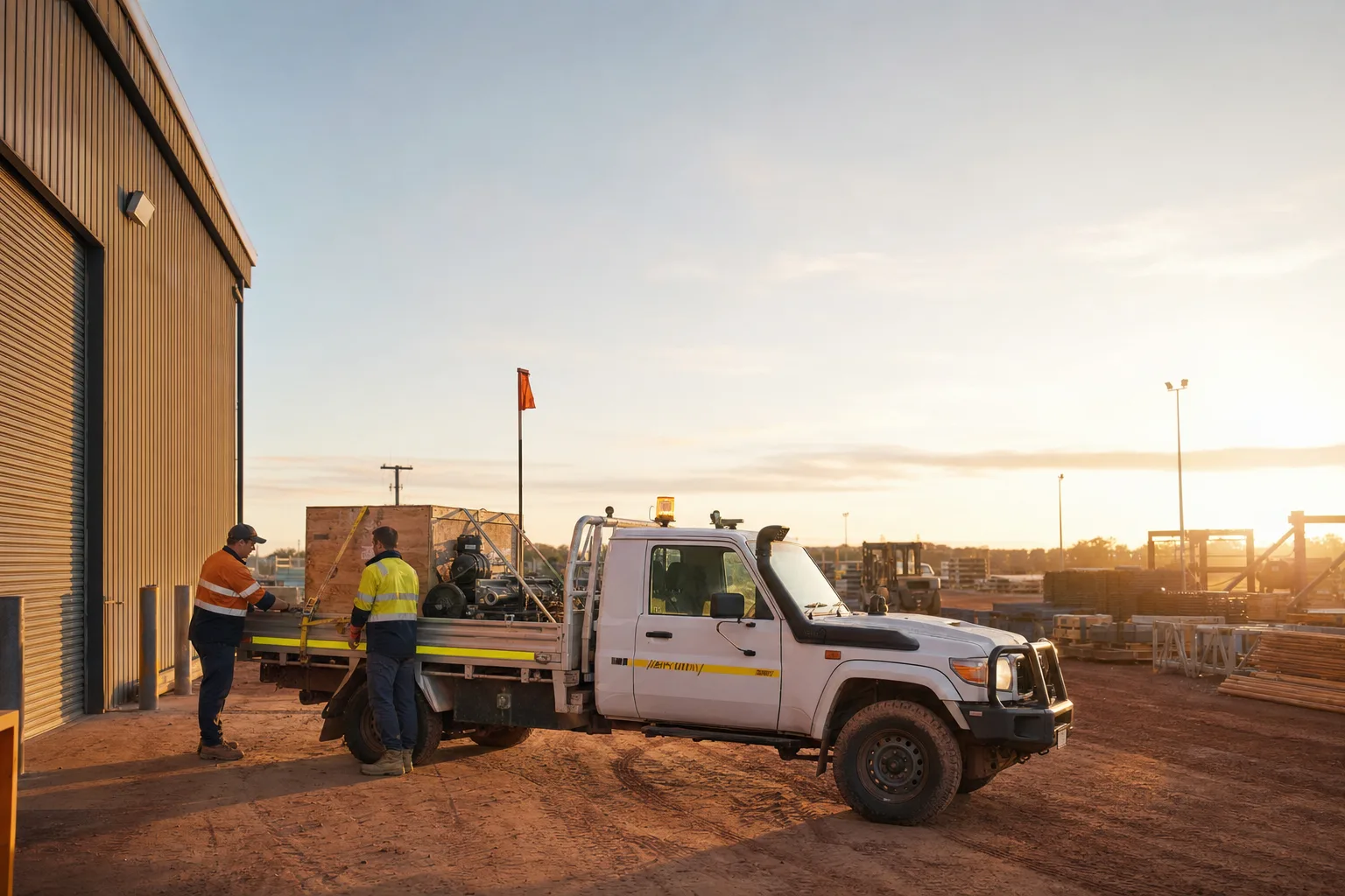 Supply coordinator and hotshot driver checking load restraint on a mine-spec ute tray at a Perth industrial yard