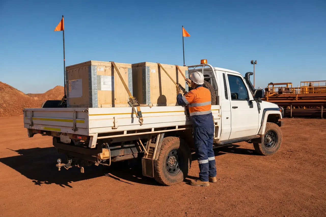 White tray truck carrying large timber-crated mining components strapped down at a WA mine yard