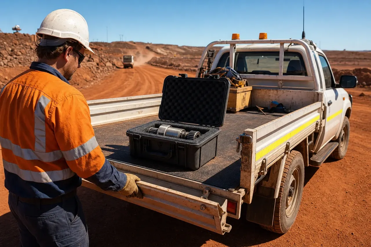 A single small critical machine part in a padded box on the tray of a white mine-spec ute, WA