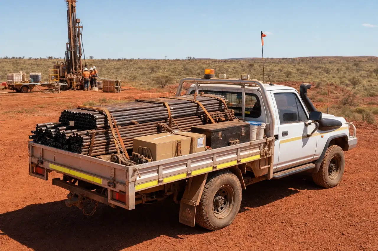 White ute tray loaded with bundled steel drill rods and consumable boxes at a remote WA drill pad