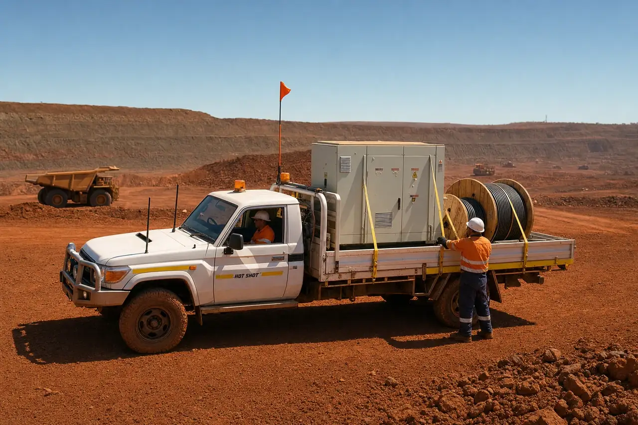 White tray truck carrying a crated electrical switchboard and cable drums at a WA mine site