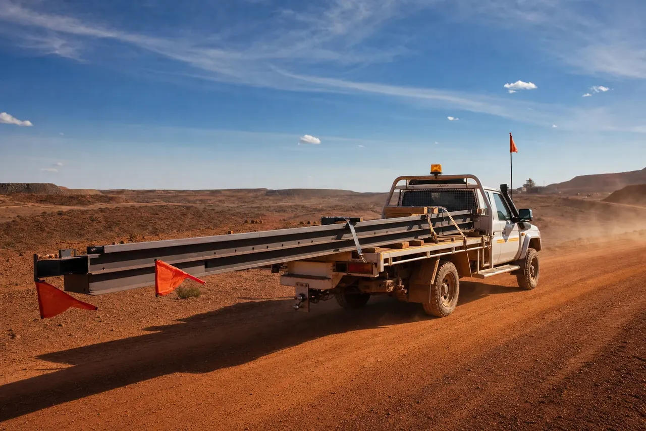 White flatbed truck carrying long fabricated structural steel beams with red safety flags on a WA road