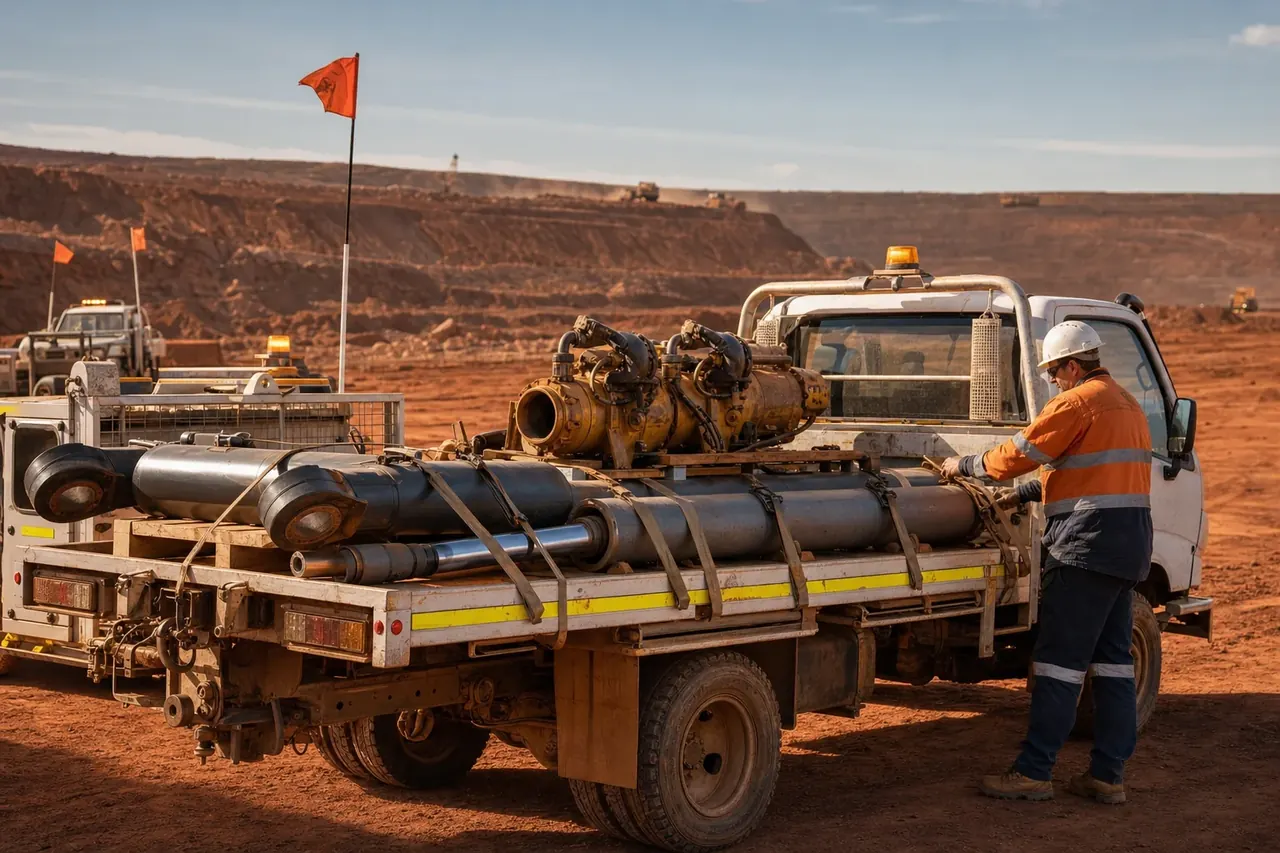 Steel hydraulic cylinders and a pump unit strapped to a white flatbed truck at a WA mine site