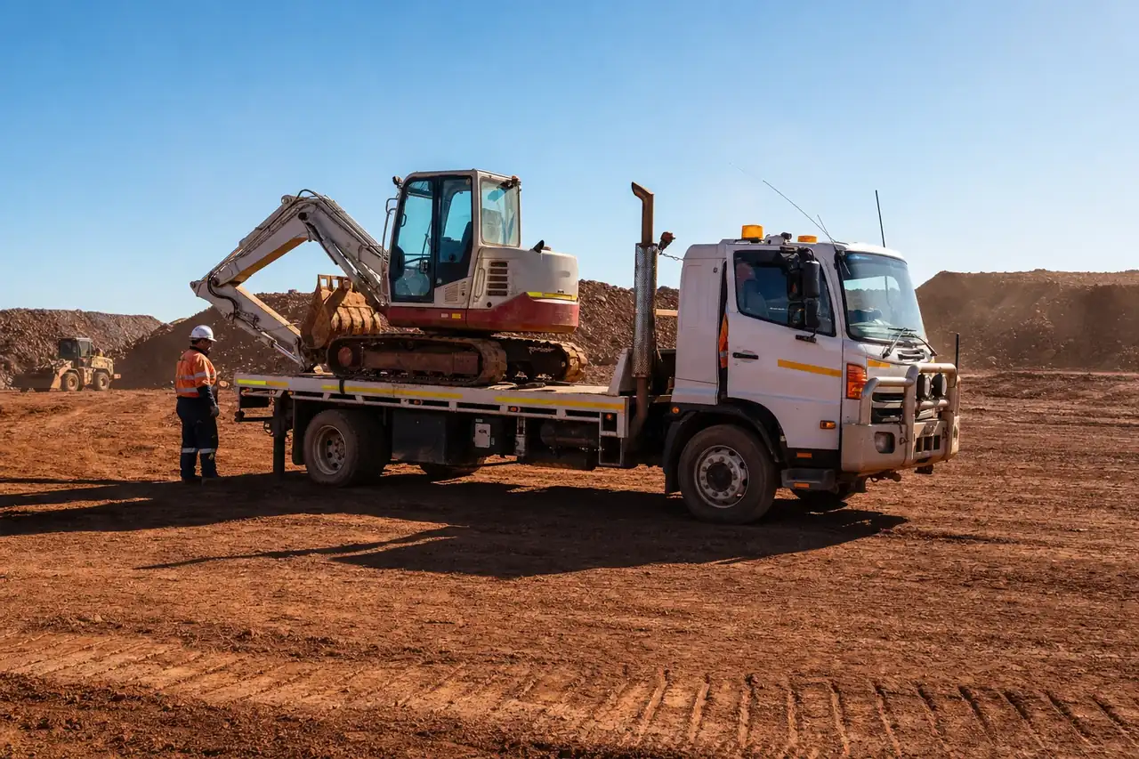 White tilt-tray truck loaded with a small excavator at a WA mine site