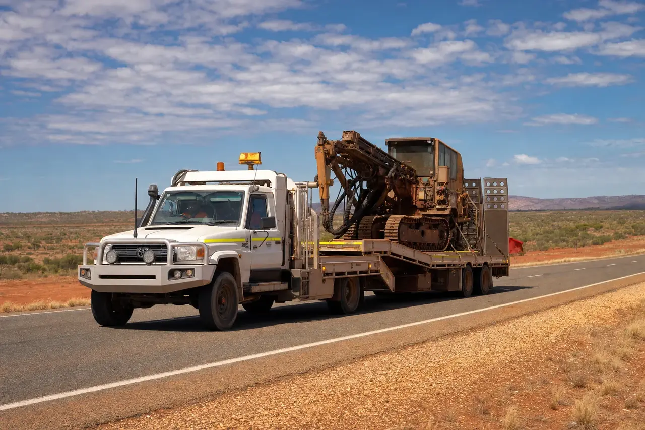White heavy tilt-tray truck carrying a large tracked mining machine on a WA highway