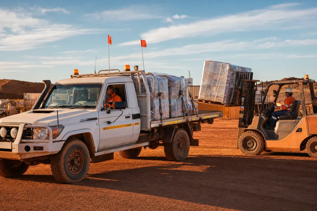 White tray truck loaded with shrink-wrapped palletised freight and a forklift alongside at a WA yard