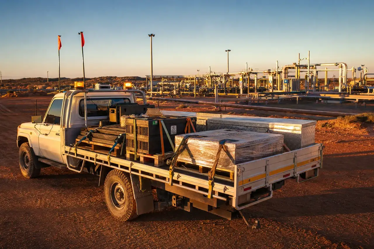 White flatbed loaded with palletised shutdown tooling and toolboxes at a remote WA facility