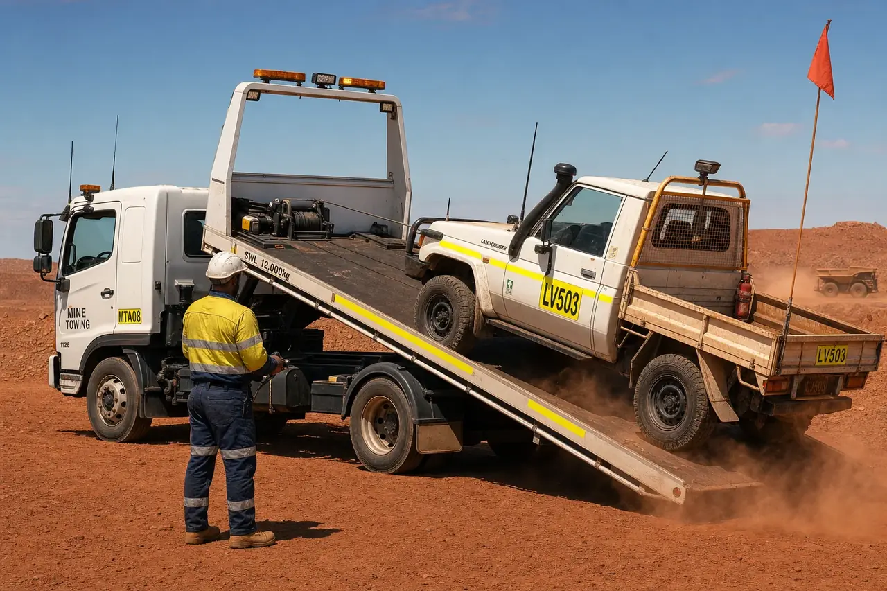White tilt-tray truck winching a white mine-spec ute up onto its tray at a WA mine site