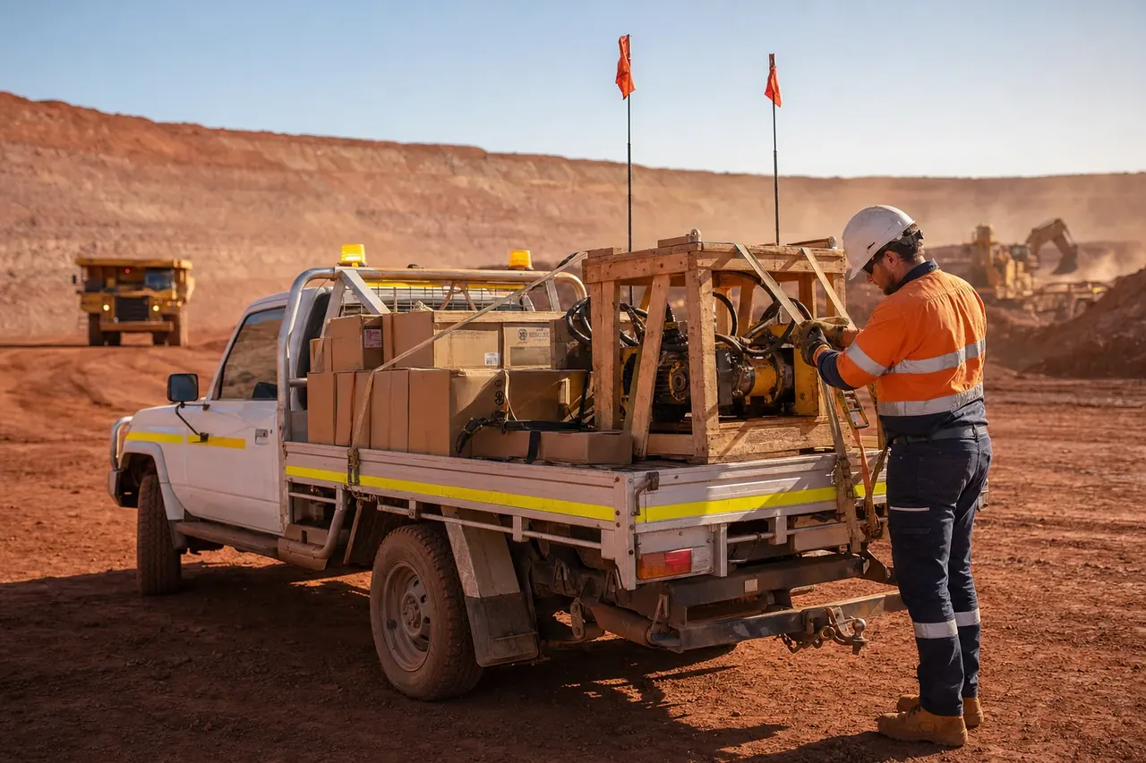 White mine-spec ute tray loaded with boxed breakdown parts and a crated component at a WA mine yard