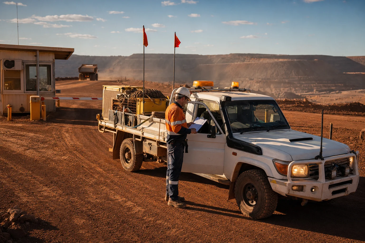 Hotshot driver checking delivery paperwork against the load on a mine-spec ute at a WA mine site gatehouse