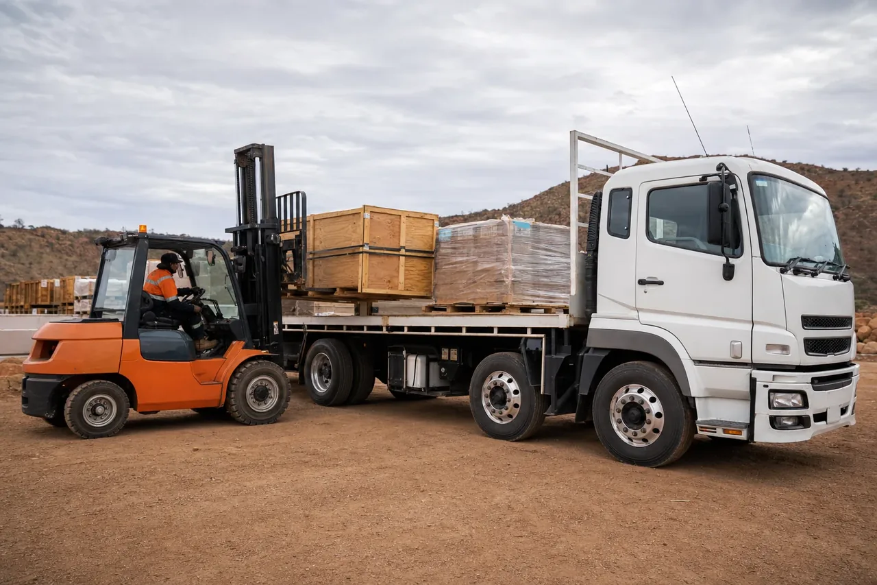 Crated mining freight loaded onto a flatbed hotshot truck at a WA mine yard