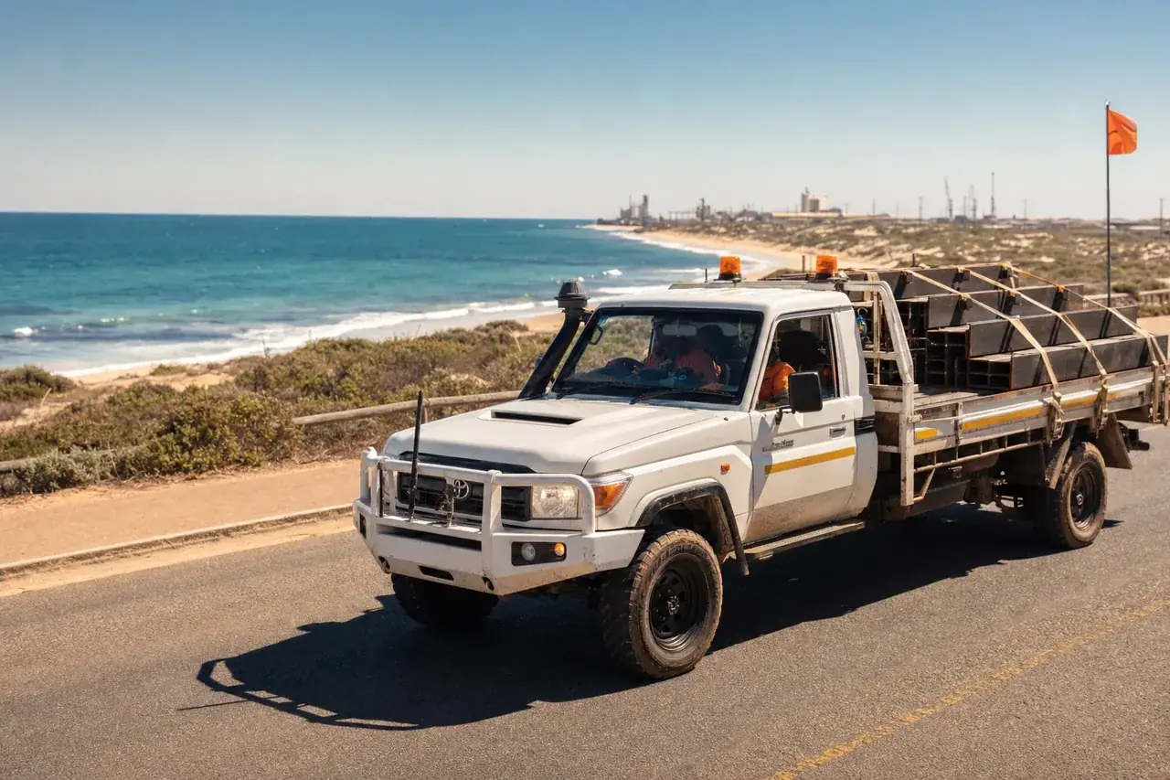 White flatbed hotshot truck carrying fabricated steel on a coastal road near the port of Geraldton, Mid West WA