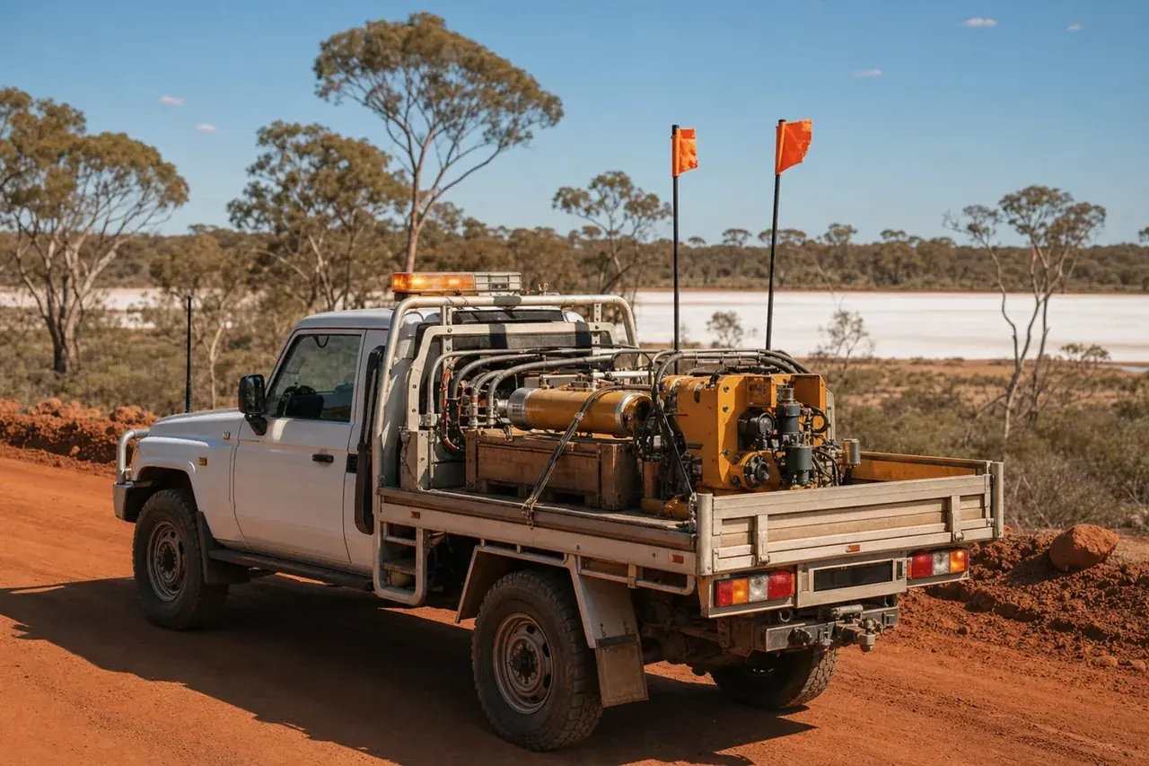 White tray hotshot truck loaded with hydraulic components on a Goldfields road near Kambalda, WA