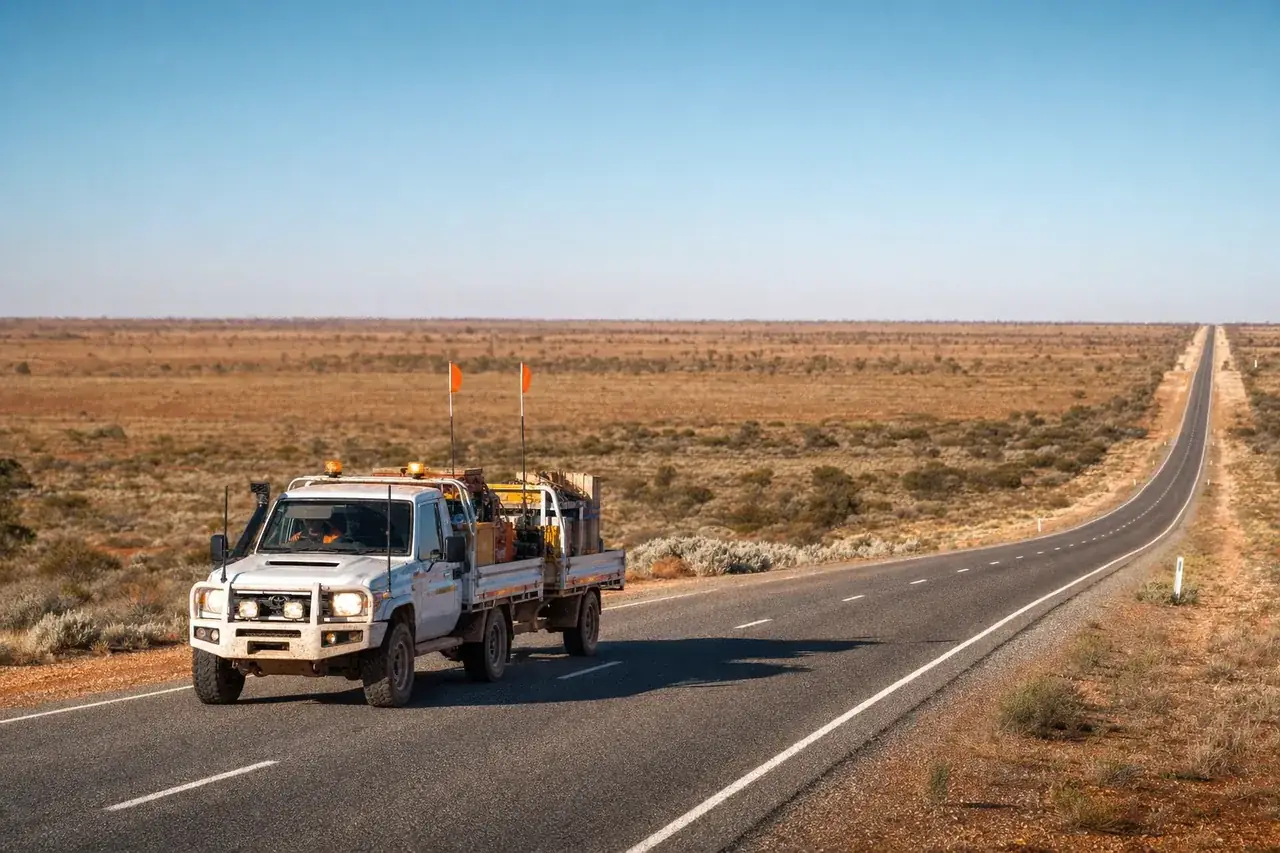 White mine-spec hotshot truck on a long straight Goldfields highway heading to Leonora, WA