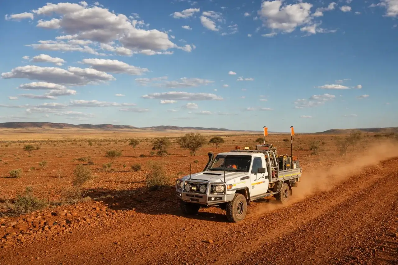 White mine-spec hotshot ute crossing a vast red Murchison plain near Meekatharra, WA