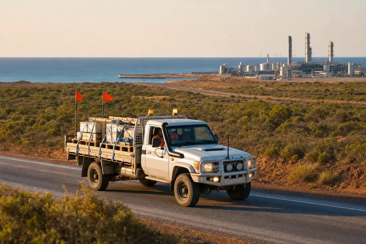 White flatbed hotshot truck carrying palletised components on a coastal road near Onslow, Pilbara coast WA