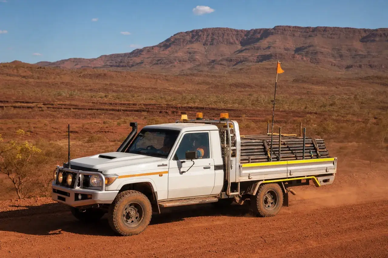 Mine-spec hotshot ute loaded with drill rods on a red haul road near Tom Price in the Hamersley Range, WA