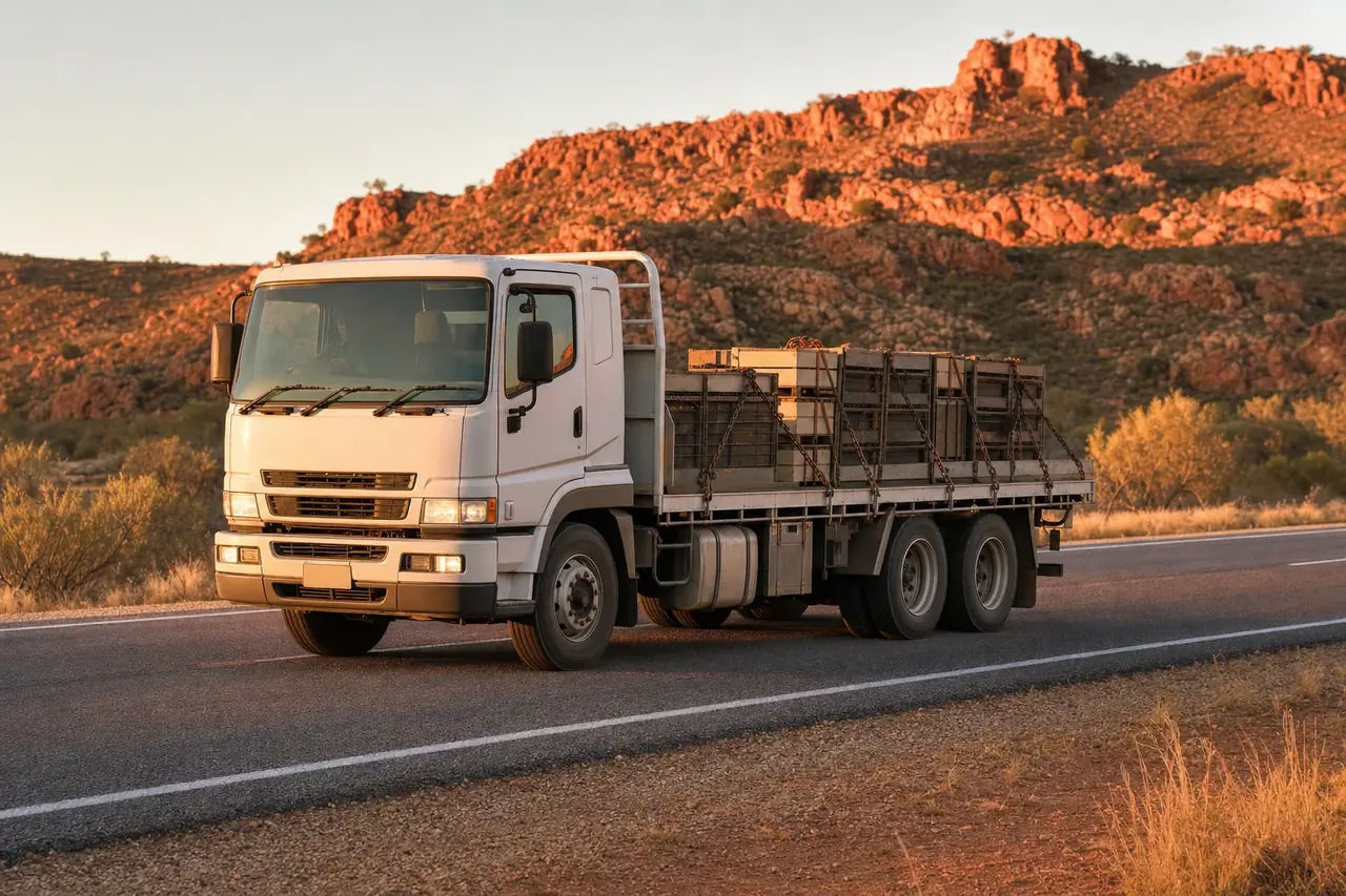 Hotshot truck on the Great Northern Highway at golden hour, WA