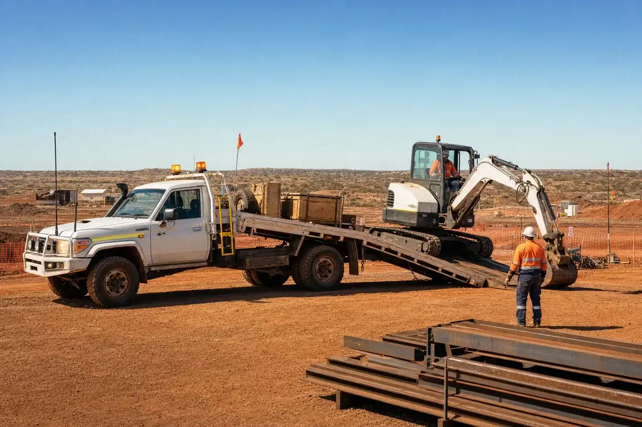 White tilt-tray truck unloading a small excavator at a regional WA civil construction site, WA