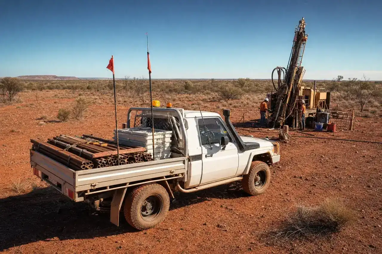White ute loaded with steel drill rods and core trays at a remote WA exploration drill pad, WA