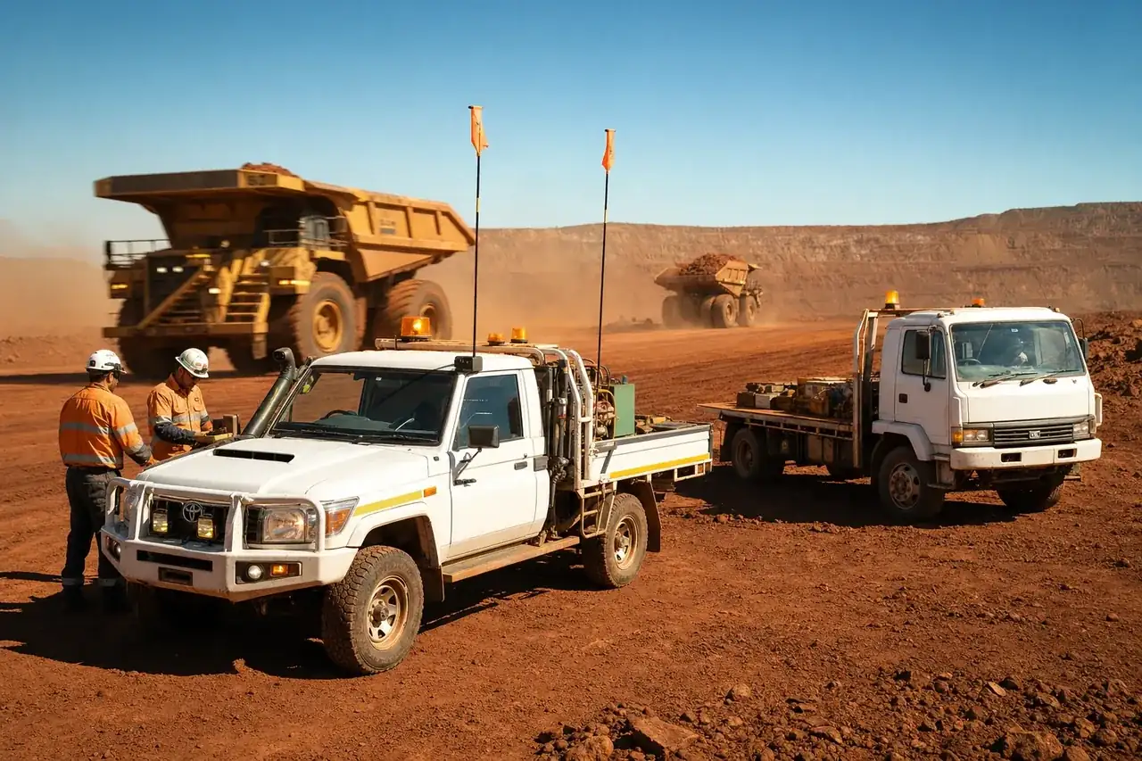 White mine-spec ute and tray truck on an active Western Australian iron-ore mine site, WA