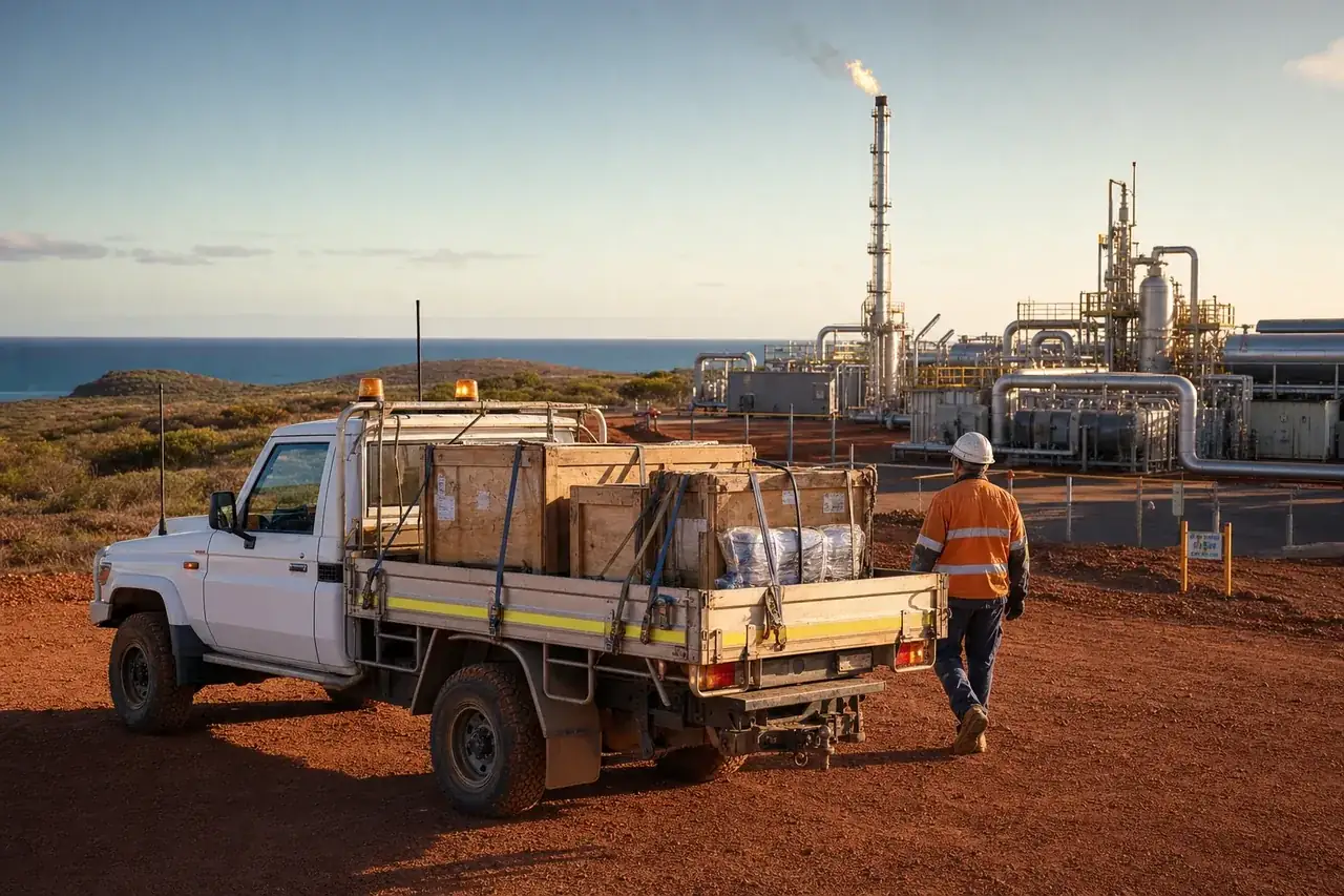White flatbed truck delivering crated shutdown components at a remote WA gas facility, WA