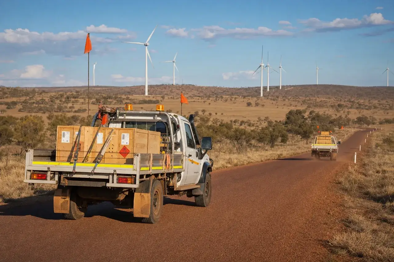 White flatbed truck carrying crated components on a WA road heading toward a wind farm, WA