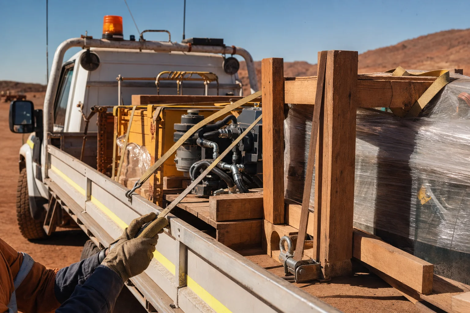 Crated hydraulic components strapped down with ratchet straps and timber packing on a hotshot flatbed tray in regional WA