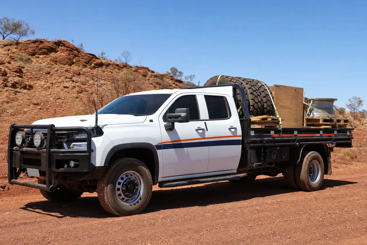 Mr Hot Shot mine-spec vehicle loaded for a Perth to Paraburdoo hotshot run, WA