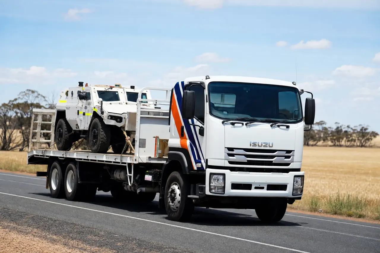 Perth to Pilbara hotshot trucking moving a mine vehicle near New Norcia, WA