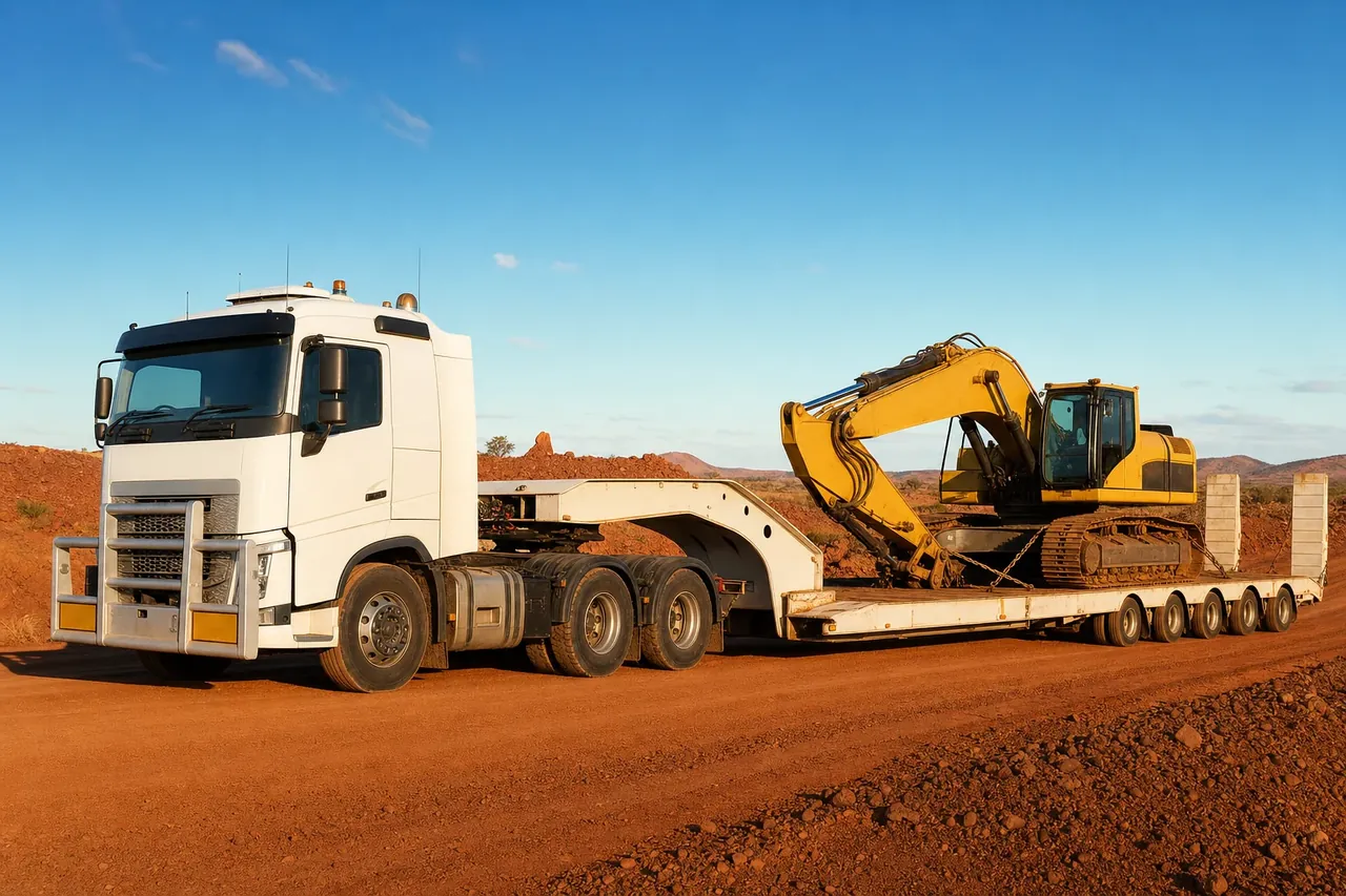 Tilt tray transporting mining equipment near Tom Price, WA